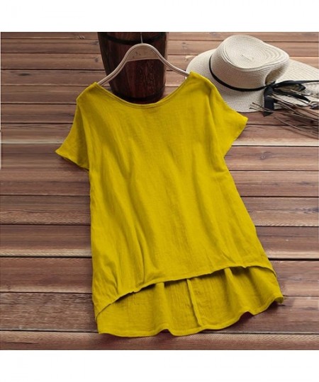 Nightgowns & Sleepshirts Lady Linen Solid T-Shirt Casual Plain Loose Blouse Shirt Asymmetrical TopsWomen - Yellow - C418NLR6X73