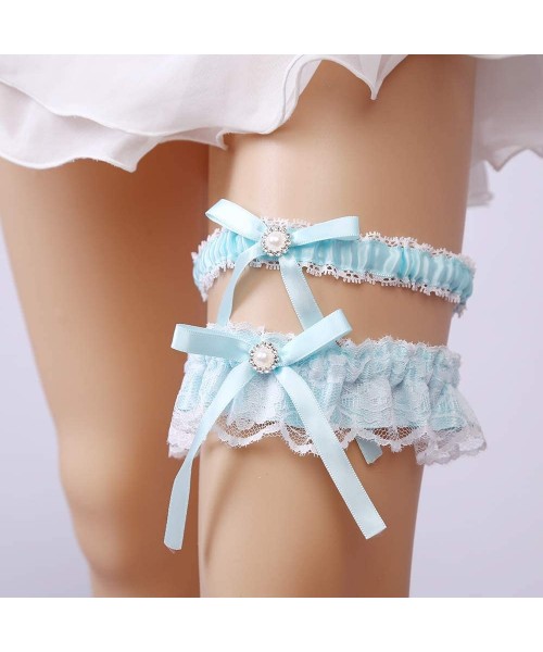 Garters & Garter Belts Elegant Blue Rhinestone Lace Wedding Garters for Bride Garter Set 2 Pcs - N-blue - CL18Y8YELDU