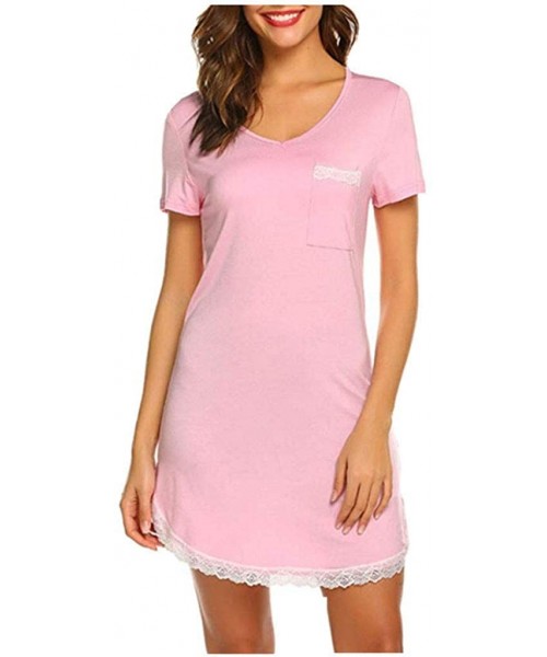 Nightgowns & Sleepshirts Fashion Womens Sleepwear V-Neck Short Sleeve Lace Solid Casual Sexy Summer Dress - Pink - CD190RE5ZDA