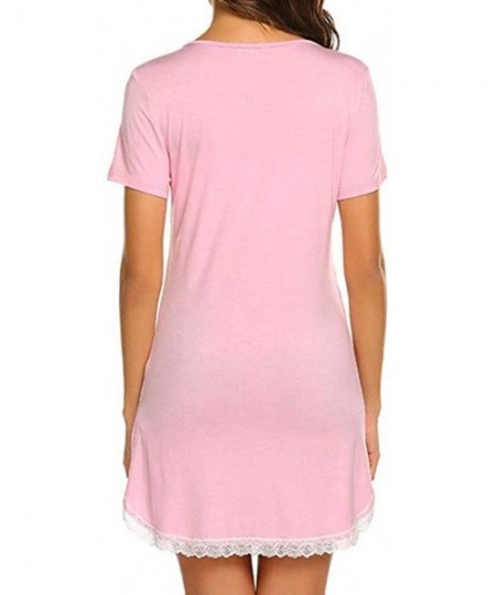 Nightgowns & Sleepshirts Fashion Womens Sleepwear V-Neck Short Sleeve Lace Solid Casual Sexy Summer Dress - Pink - CD190RE5ZDA