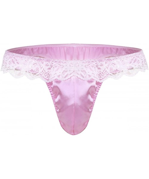 Briefs Men's Sexy Ruffle Lace Shiny Satin Sissy Pouch Panties Crossdress Bikini Briefs Underwear - Pink - C218G220SHH