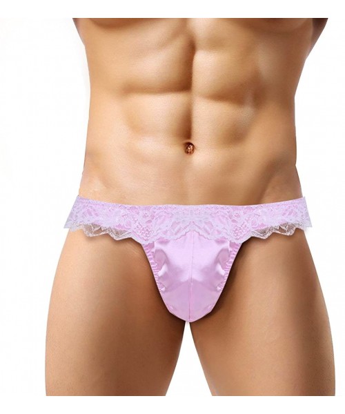 Briefs Men's Sexy Ruffle Lace Shiny Satin Sissy Pouch Panties Crossdress Bikini Briefs Underwear - Pink - C218G220SHH