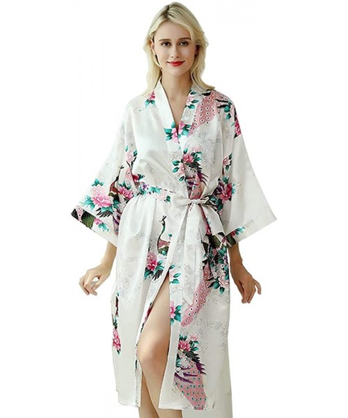Robes Women's Satin Robe Sexy Long Kimono Bathrobe V-Neck Nightgown for Parties Wedding Bridal and Bridesmaid - White - CG198...