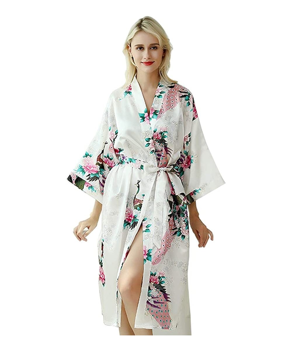 Robes Women's Satin Robe Sexy Long Kimono Bathrobe V-Neck Nightgown for Parties Wedding Bridal and Bridesmaid - White - CG198...
