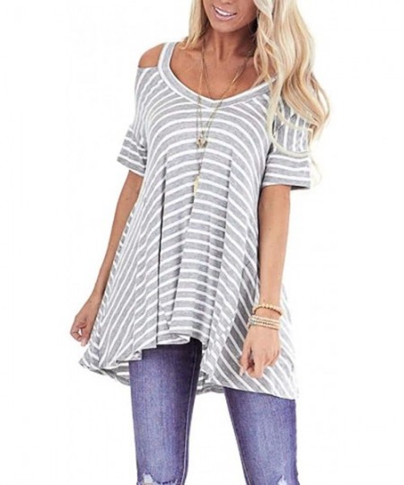 Thermal Underwear Women Striped Cold Shoulder Tops Summer Short Sleeve Tunics Shirts Loose Blouses - Gray - CN197IA850N