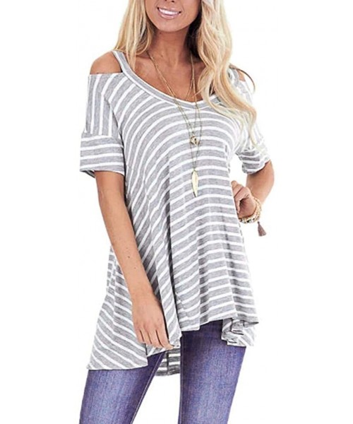 Thermal Underwear Women Striped Cold Shoulder Tops Summer Short Sleeve Tunics Shirts Loose Blouses - Gray - CN197IA850N