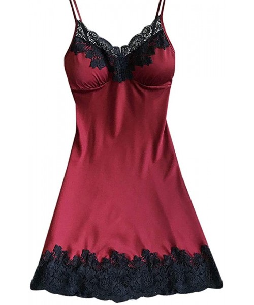 Tops Satin Sleepwear Women Nightwear Nightdress Sexy Lingerie with Chest Pads - Wine - CI196IQ0LI7