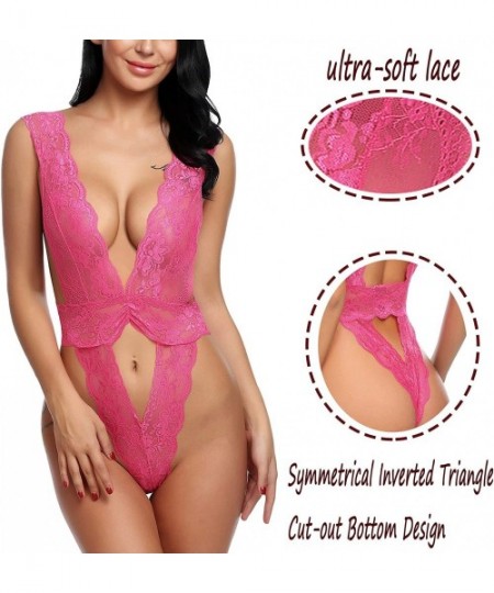 Baby Dolls & Chemises Womens V Neck Bodysuit One Piece Lace Lingerie Teddy - Hollow Out-rose Red - CY18LT05EQ7