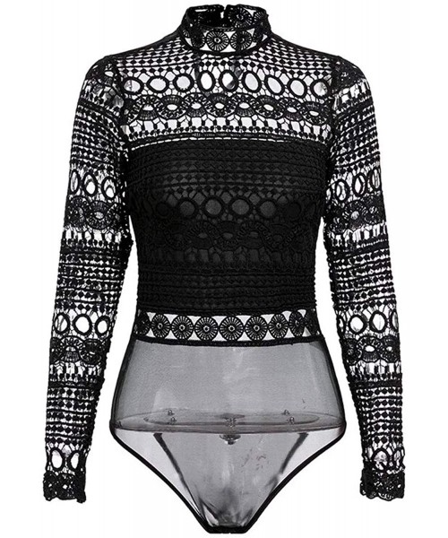 Shapewear Black Lace Bodysuit for Women Hollow Out Long Sleeve Lingerie Clubwear - Black - CQ193S5MQ56