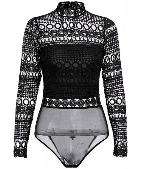 Shapewear Black Lace Bodysuit for Women Hollow Out Long Sleeve Lingerie Clubwear - Black - CQ193S5MQ56