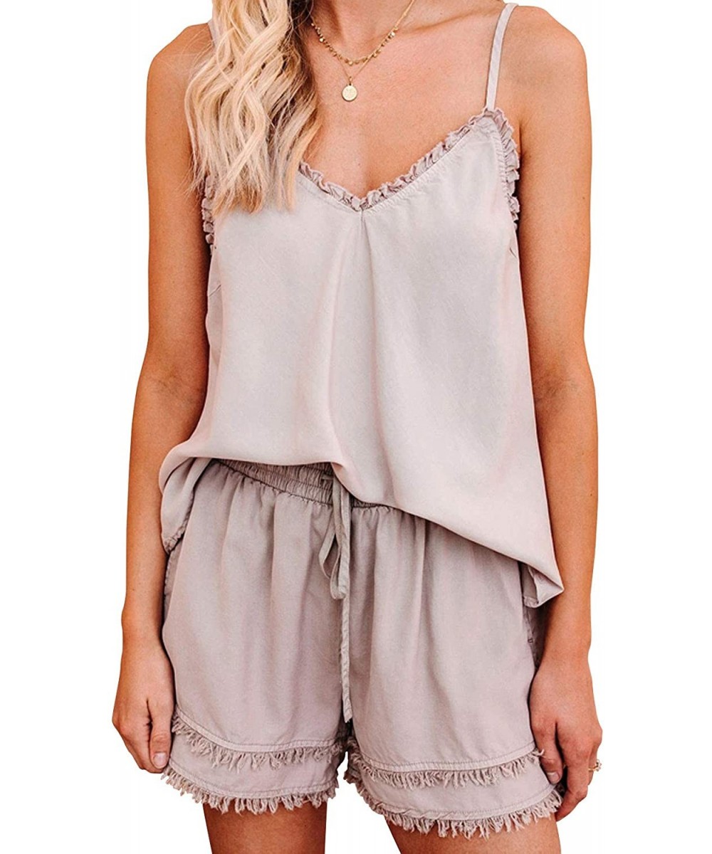 Sets Pajamas for Women Suspender PJ Pajama Ruffle Cami & Short Set Sleepwear Nightwear with Pockets - Pink - CI190R3TUEY