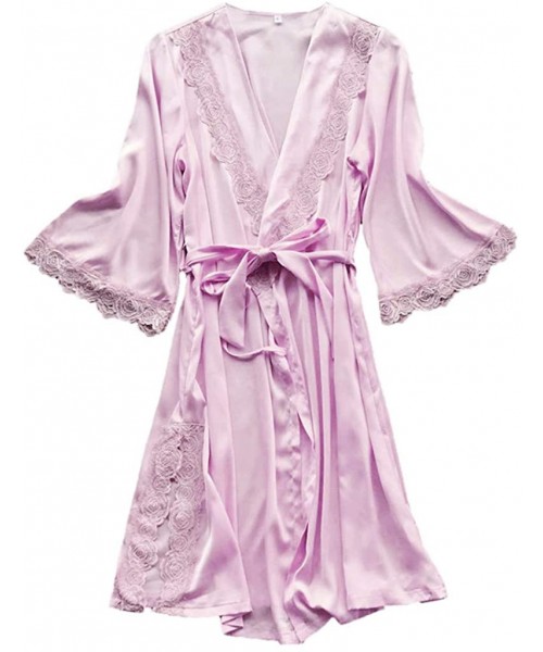Robes 2PC Sexy Sleepwear Lingerie Lace Temptation Bathrobe with Belt Nightdress Robe for Women - Pink - CA198H3LZHR