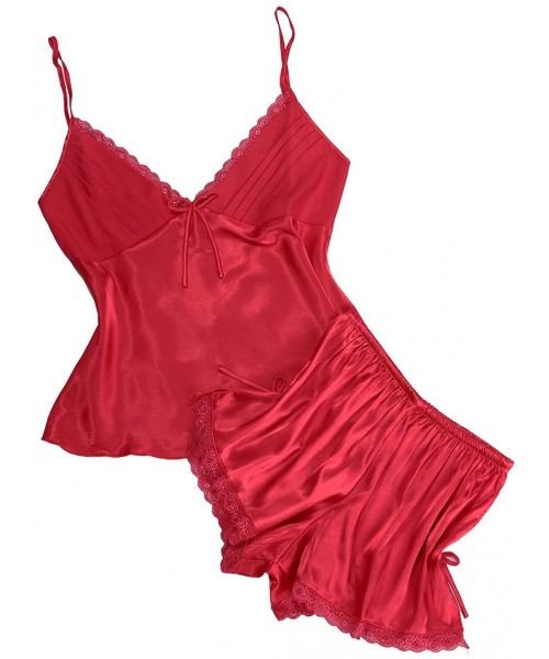 Sets Women Backless Satin Lace Cami Shorts Sleepwear Pajamas Set Nightwear - Red - CC185QGDRAU