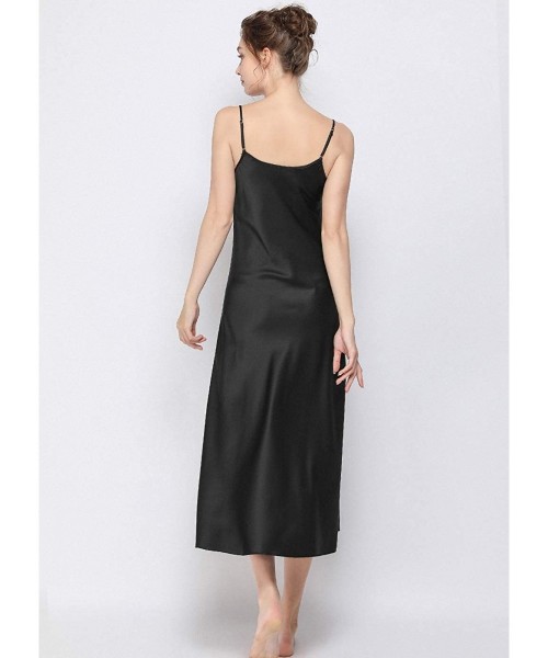 Nightgowns & Sleepshirts Women Satin Chemise Sleepwear Long Nightgowns Nightwear Full Slip Nightdress - Black-round Neck - CE...