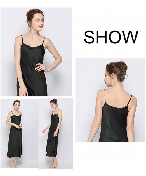 Nightgowns & Sleepshirts Women Satin Chemise Sleepwear Long Nightgowns Nightwear Full Slip Nightdress - Black-round Neck - CE...