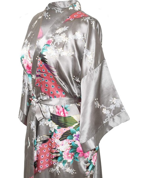 Robes Kimono Robe Long 16 Colors Premium Peacock Bridesmaid Bridal Shower Womens Gift - Grey - C012LQLRKCJ