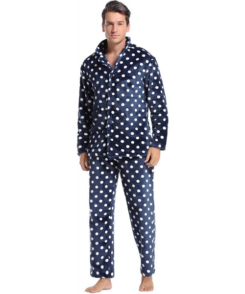 Sleep Sets Men's Polka Dot Pajamas Set Long Sleeve Sleepwear Flannel Lounge Set Button Down Loungewear Pjs Set - Blue - CM18A...
