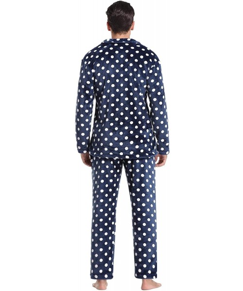 Sleep Sets Men's Polka Dot Pajamas Set Long Sleeve Sleepwear Flannel Lounge Set Button Down Loungewear Pjs Set - Blue - CM18A...