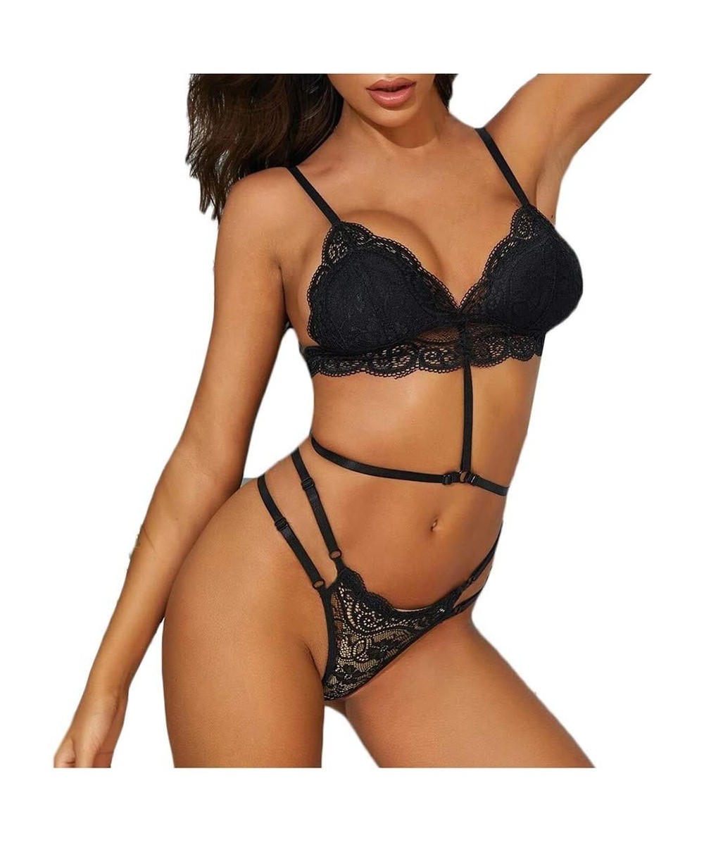 Baby Dolls & Chemises Hot Sexy Lingerie Women Babydoll Lace Dress Hollow Out Sleepwear G-String - Black - CD190WRYTCA
