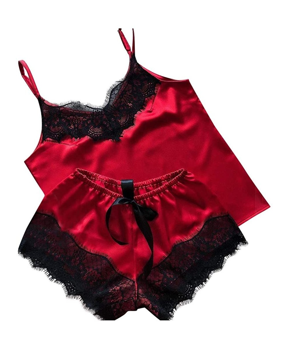Bustiers & Corsets Sexy Lingerie Satin Silk Pajamas Bow Nightdress Women Underwear Sleepwear Satin - Red - CI19682EDIC