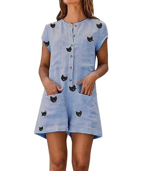 Thermal Underwear Women Casual Rompers Shift Daily Cute Cat Printed Holiday Short Sleeve Playsuit - Blue - CB18S8205L9