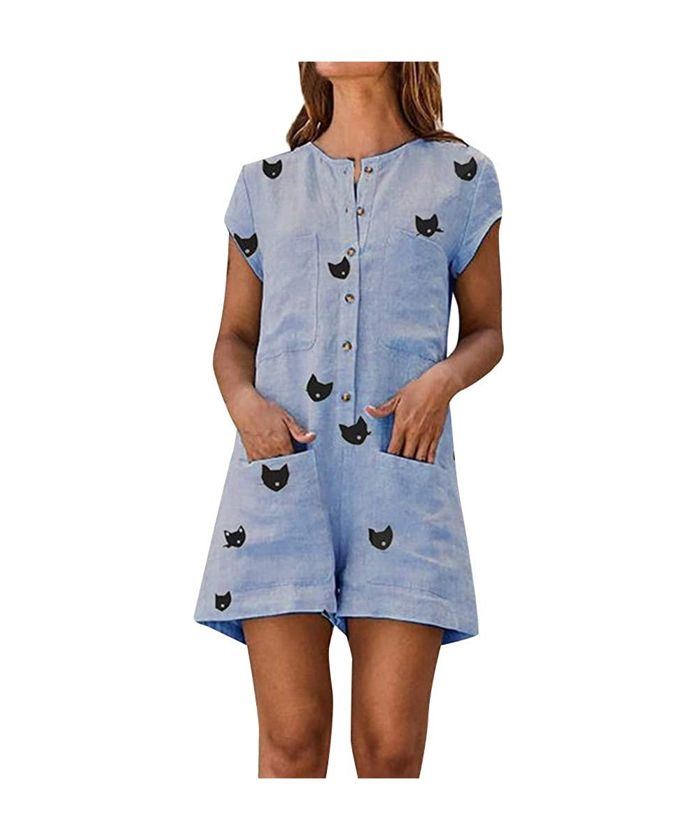 Thermal Underwear Women Casual Rompers Shift Daily Cute Cat Printed Holiday Short Sleeve Playsuit - Blue - CB18S8205L9