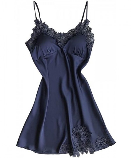 Nightgowns & Sleepshirts Lingerie Satin Lace Set of 2 Suit Sexy Nightdress Full Slips Sleepwear - 1 Pcs Nightskirt-navy - CY1...