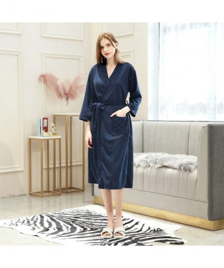 Robes Womens Soft Robe Pajamas Home Casual Comfy Spa Bathrobe Solid Long Sleepwear Pocket Waistband - Navy - C2193T7UA68