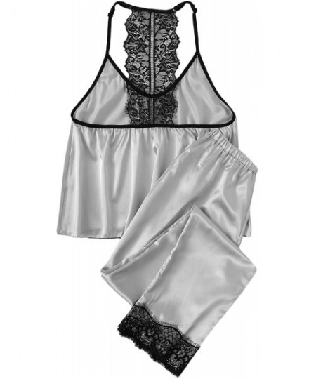 Sets Women's 2 Piece Outfit Eyelash Lace Satin Cami Long Pants Pajama Set - Grey - CP1922XH2D0