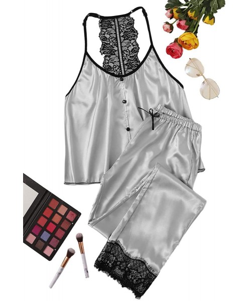 Sets Women's 2 Piece Outfit Eyelash Lace Satin Cami Long Pants Pajama Set - Grey - CP1922XH2D0