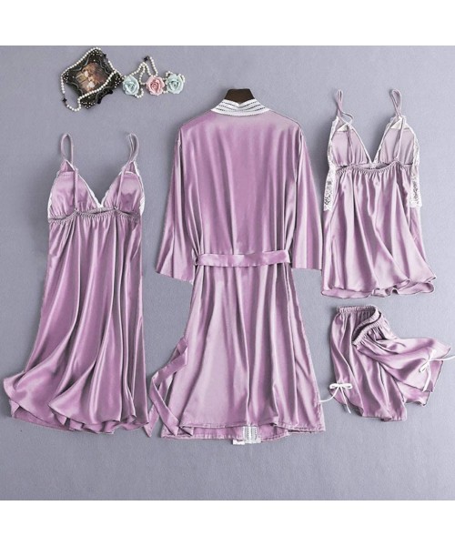 Robes 4PC Women Satin Lace Camisole Bowknot Shorts Nightdress Robe Pajamas Lingerie - Purple - CV194TM34LG