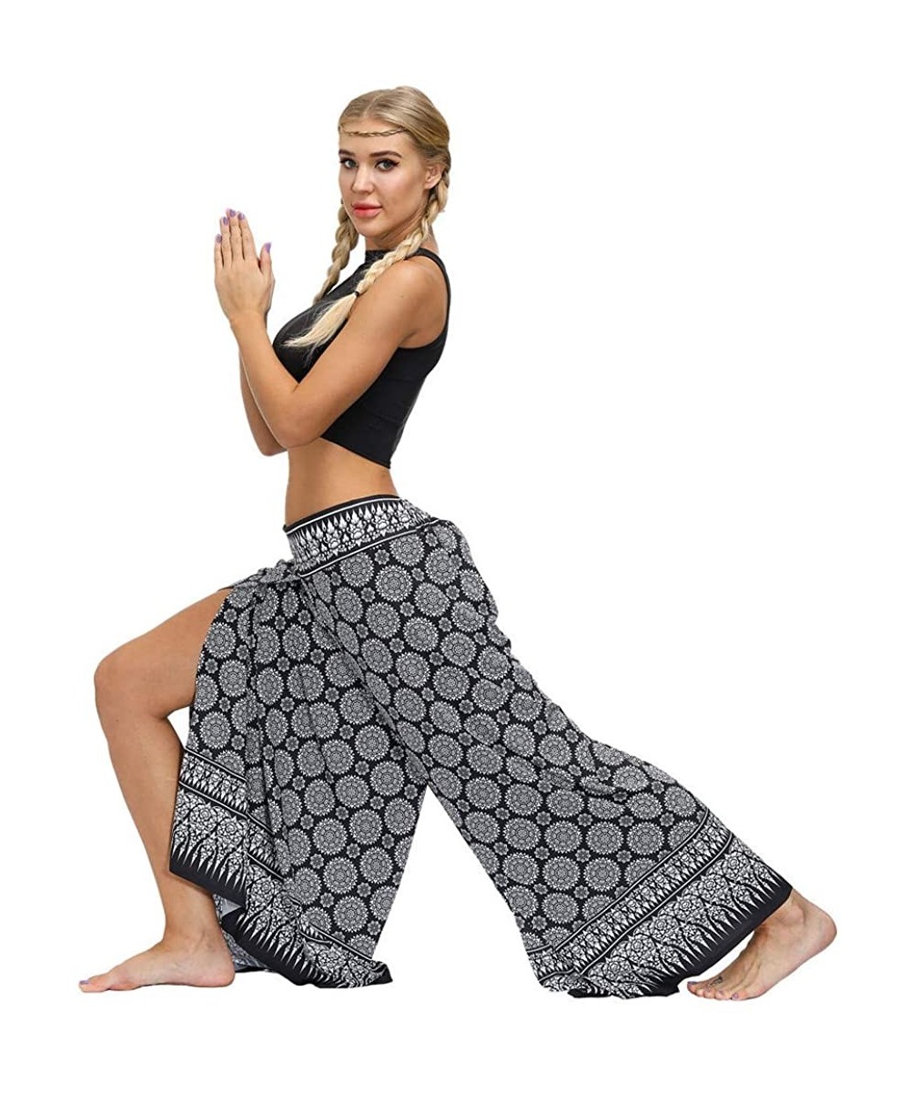 Bottoms Womens Workout Yoga Pants Palazzo Side Split Wide Leg Pants Summer Casual Beach Boho Hippie Floral Trousers Beige - C...
