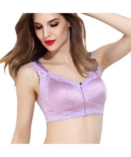 Bras Women Wireless Anti-Sagging Front Zip Breathable Satin Lace Hem Plus Size Bra - Purple - C618YYU0WQX