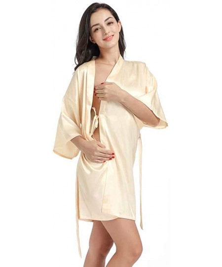 Robes Women's Silk Sexy Sleepwear Intimate Kimono Robe Short Bridal Nightwear Plain V-Neck Dressing Gown - Yellow - CG1985T0TSC