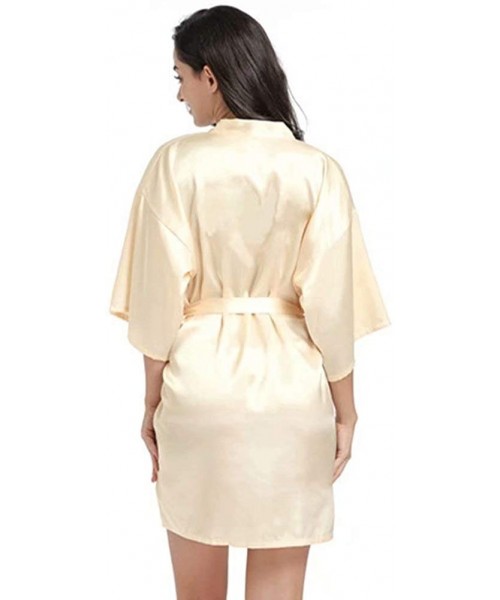 Robes Women's Silk Sexy Sleepwear Intimate Kimono Robe Short Bridal Nightwear Plain V-Neck Dressing Gown - Yellow - CG1985T0TSC