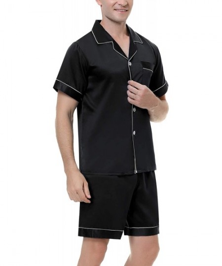 Sleep Sets Men's Cotton Pajama Set Short Sleeve Crew Neck Contrast Lounge Sleepwear Sets - Satin-black - CS199RW0MGN