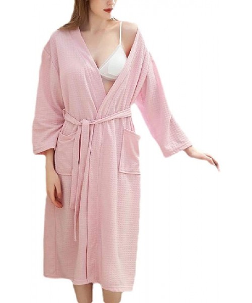 Robes Women 3/4 Sleeve Waffle-Weave-Spa Stylish Kimono Cotton Lightweight Robe - Pink - CP19DIMW7TQ