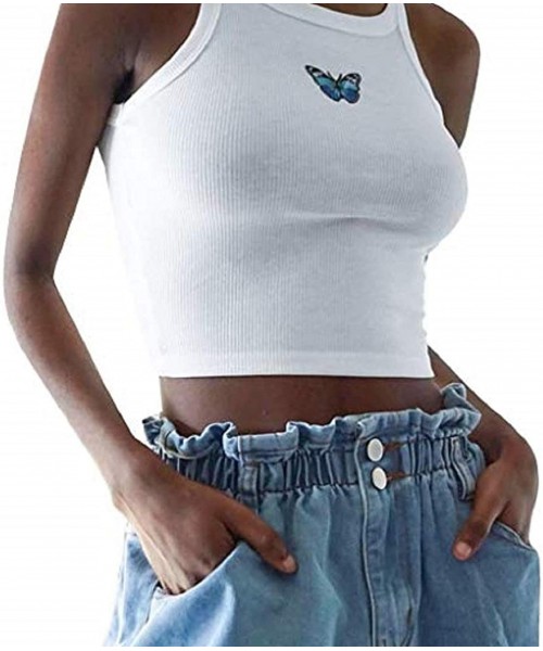 Thermal Underwear Womens Sleeveless Butterfly Embroidery Patchwork Sexy Crew Neck Blouse Vest Tank Top Tee - White - CD199GW4YTW