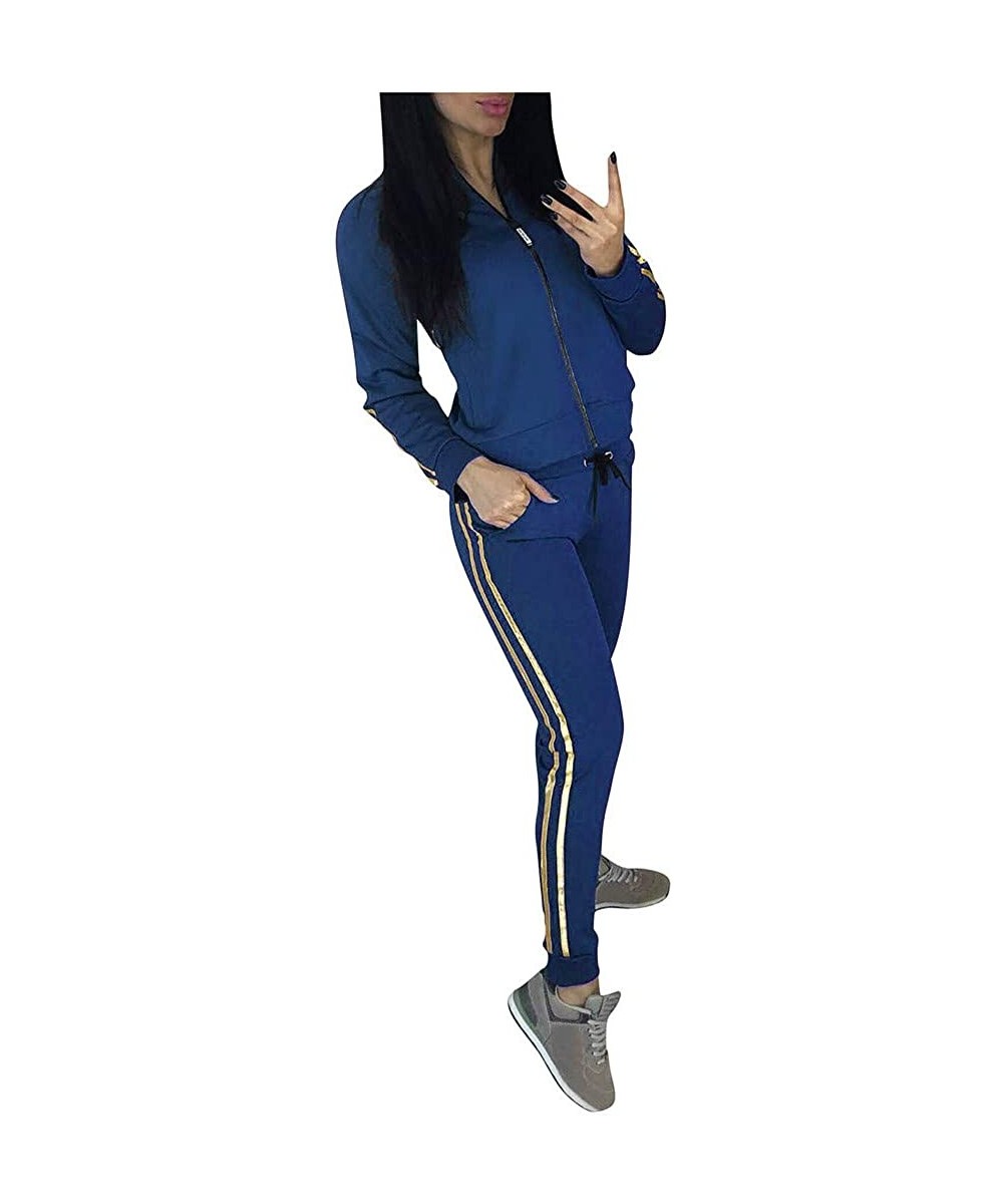 Thermal Underwear Women 2Pcs Tracksuit Casual Stripe Zipper Long Sleeve Pullover Sport Tops+ Pants Set - Blue - CX18AECW0I3