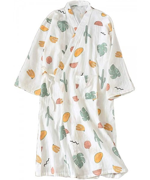 Nightgowns & Sleepshirts Women's Cotton Kimono Long Sleeve Daisy Printed Bathrobe Sleepwear - White Plant - CN185N8DWXQ