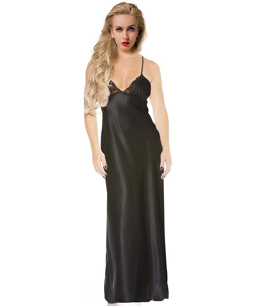 Nightgowns & Sleepshirts Women Satin Nightgown Lace Lingerie Trimmed Full Length Slip Dress - Black - CI17AZRQQO6