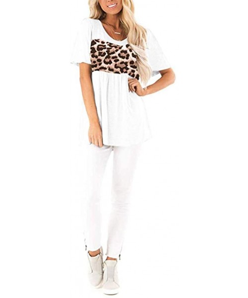Thermal Underwear Womens Leopard Short Sleeve Twist Knot Patchwork O-Neck Casual Tunic Tops - E-white - CJ195Q7Y3LQ