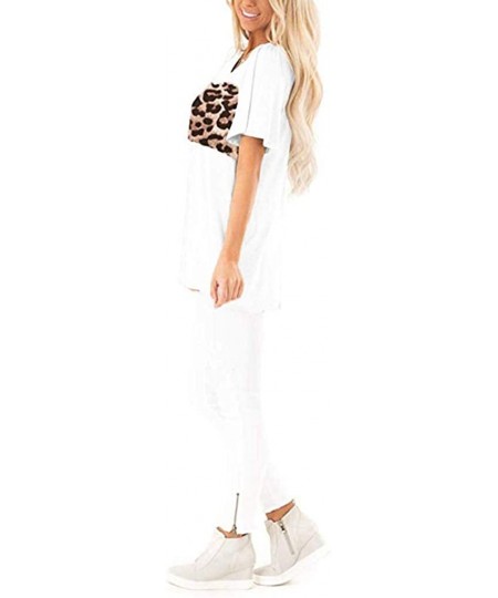 Thermal Underwear Womens Leopard Short Sleeve Twist Knot Patchwork O-Neck Casual Tunic Tops - E-white - CJ195Q7Y3LQ