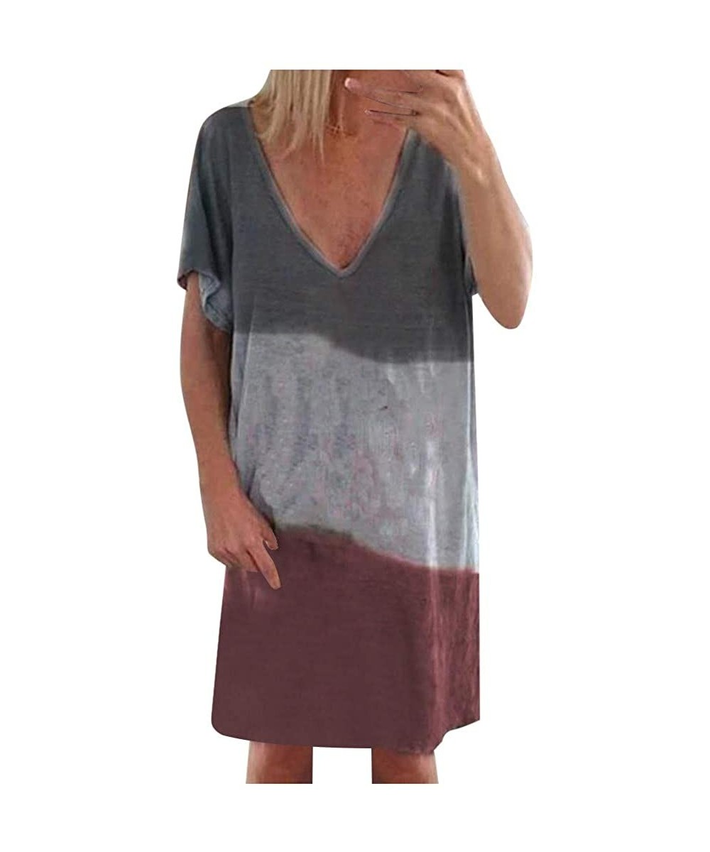 Nightgowns & Sleepshirts Women's Short Sleeve V Neck Tie Dye Tunic Tops Casual Swing Tee Shirt Dress - Wine - C6190OQH7QK