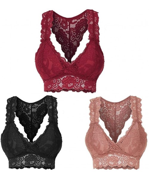 Bras Women Ladies Fashion Stretchy Floral Lace Hollow Out Bralette Bra Everyday Bras - Wine Red - CE190MIMW64