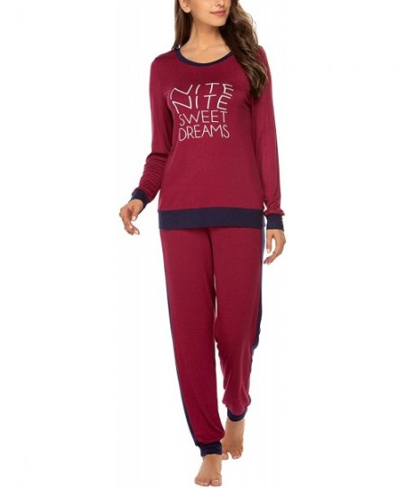 Sets Women's Long Sleeve Pajamas Set with Pockets O Neck Sleepwear Lounge Nightwear (S-XXL) - B- Wine Red - CX18YESQ048