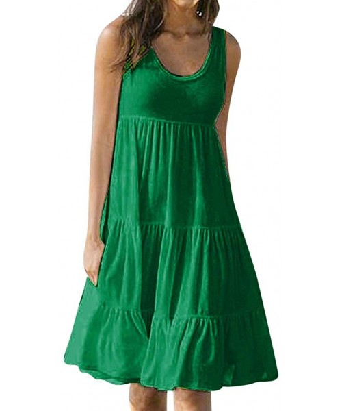 Tops Fashion Summer Dresses Womens Solid Ruffle Out Pleated with Pleats Beautiful Beach A Line Dress Knee Length Green - CL19...