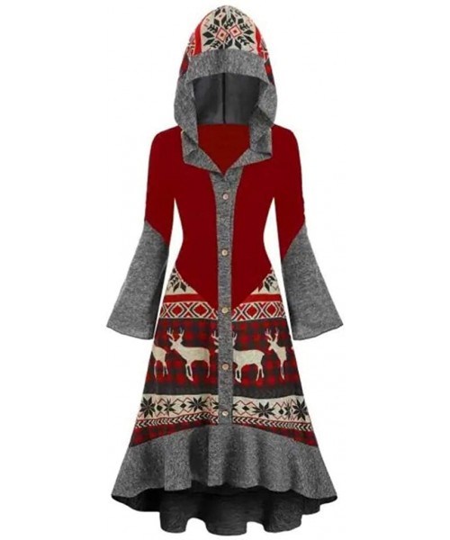 Slips Womens Christmas Dress Elk Print Hooded High Low Flounce Hem Button Knitted Plus Size Dress - Red - CP192HGHR6W