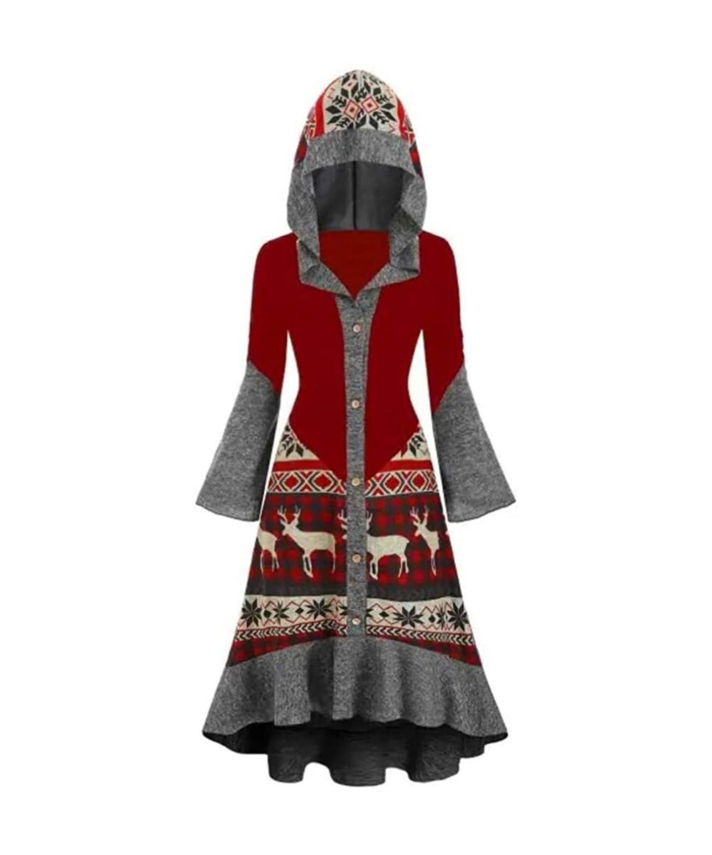 Slips Womens Christmas Dress Elk Print Hooded High Low Flounce Hem Button Knitted Plus Size Dress - Red - CP192HGHR6W