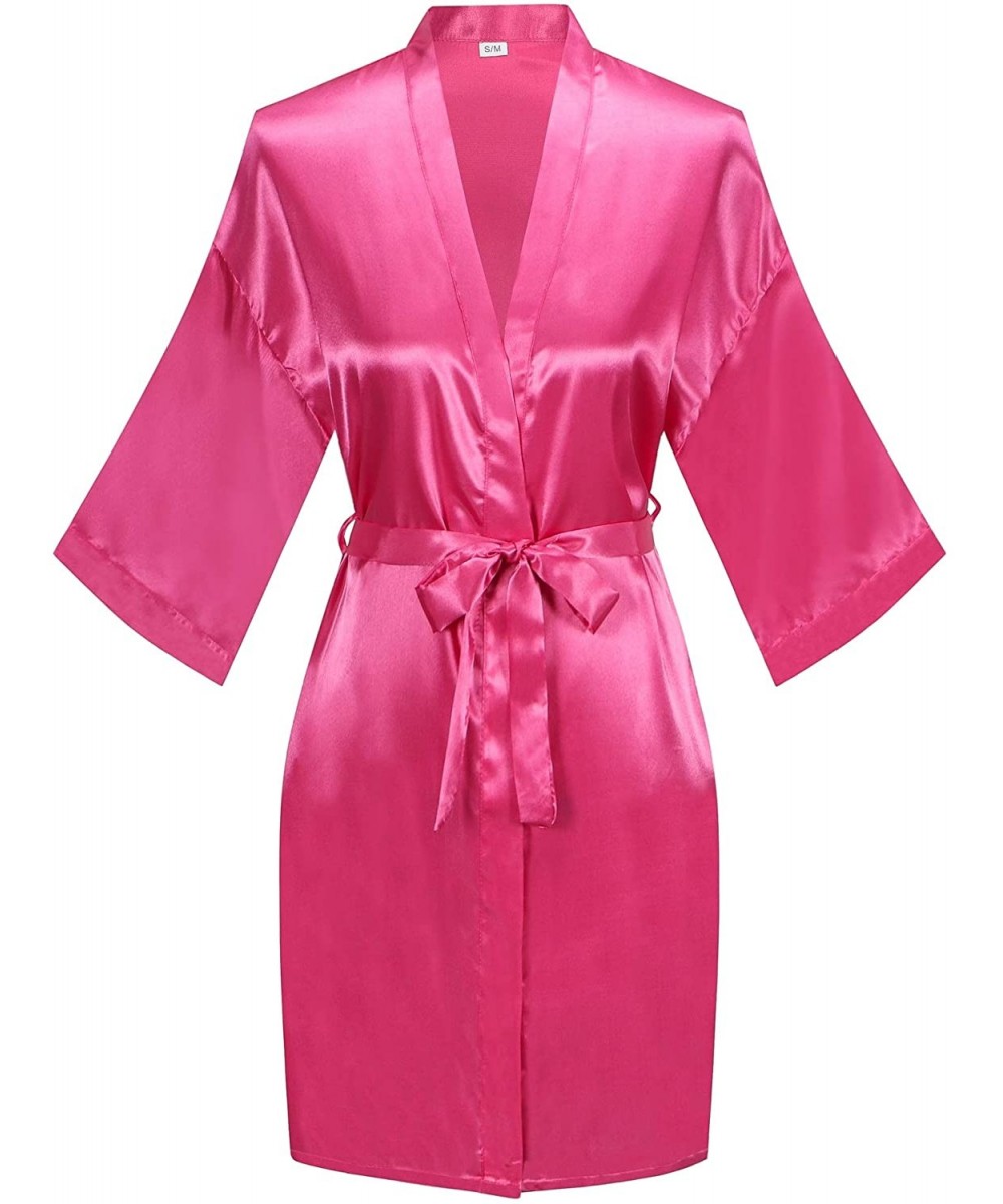Robes Women's Pure Color Satin Kimono Robe Short Bridesmaids Robe Dressing Gown - Rose Red - CO18CGQCG8T